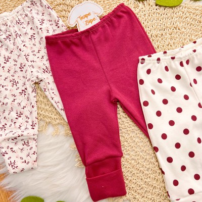 Kit 3 Calças - Raminhos, Bordo e Bolotas - Off White e Bordo